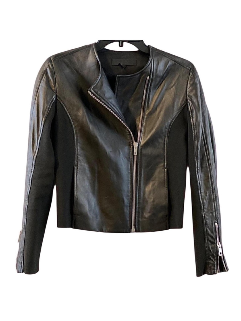 rag & bone harrison moto lamb leather jacket size 0 black ribbed knit panel